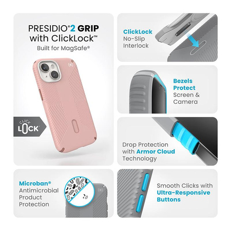 Speck Presidio2 Grip ClickLock & MagSafe - tok iPhone 15 / iPhone 14 / iPhone 13 (Dahlia Pink/Rose Copper)