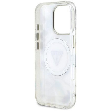 Guess Glitter Flowers Triangle Buttons MagSafe - pouzdro pro iPhone 16 Pro (bílé)