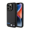 BMW Leather Carbon Blue Line - tok iPhone 15 Pro készülékhez (fekete)