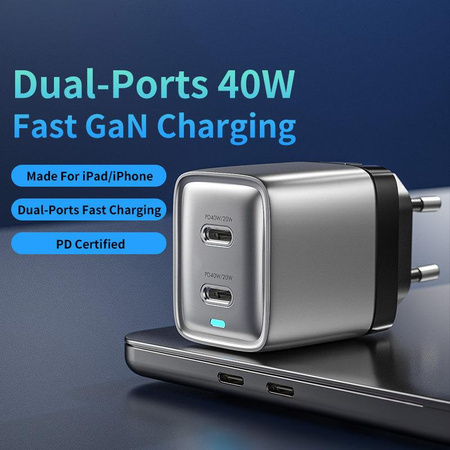 WEKOME WP-U02 Mecha Series - 2x USB-C Super Fast Charger GaN 40W mains charger (Silver)