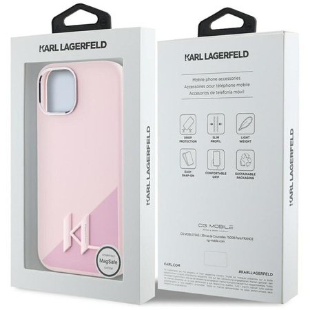 Karl Lagerfeld szilikon árnyék fém kezdőbetűs MagSafe - tok iPhone 15-hez (rózsaszín)