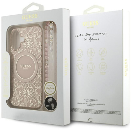 Guess IML Flowers Electro Pearl Strap MagSafe - Pouzdro iPhone 17 (růžový)