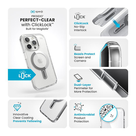 Speck Presidio Perfect-Clear ClickLock & MagSafe - iPhone 16 Pro Fall (Klar / Chrom-Finish / Serene Silber)