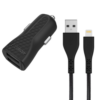 Energizer HardCase - 2x USB-A 17W 3.4A car charger + MFi certified Lightning cable (Black)