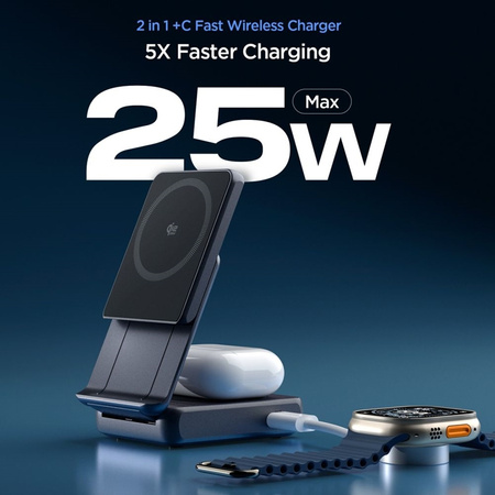 Spigen Essential EF302MOQ – 2-in-1 kabelloses Ladegerät mit MagSafe 25W Qi2.2 (Schwarz)