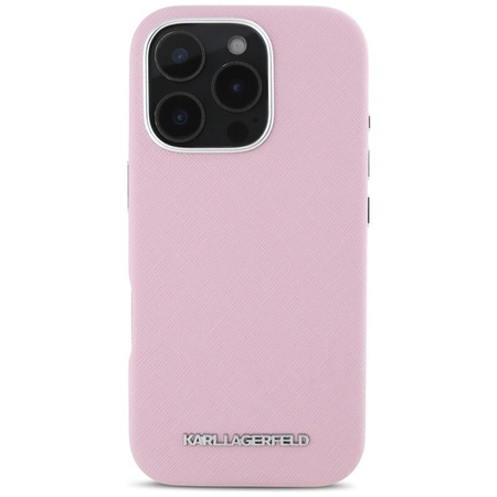 Karl Lagerfeld Saffiano Full Wrapped Elongated Metal Logo MagSafe - Hülle für iPhone 16 Pro Max (rosa)