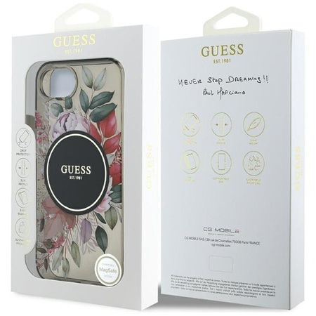 Guess IML Flowers MagSafe - Pouzdro pro iPhone 16e (černé)