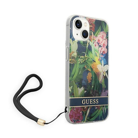 Guess Flower Cord - Etui avec dragonne iPhone 14 Plus (bleu)