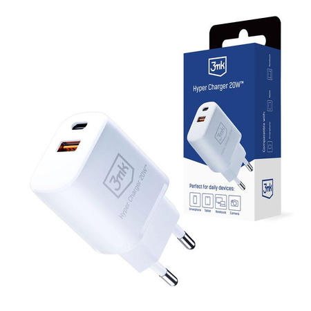 3mk Hyper Charger - USB-A QC 3.0 + USB-C PD 20W power charger (White)