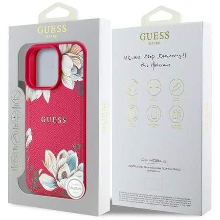 Guess Grained Printed Flower Pattern MagSafe - pouzdro pro iPhone 16 Pro (fuchsiová)