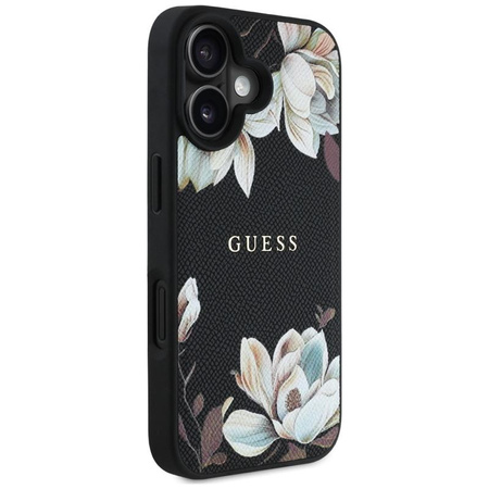 Guess Grained Printed Flower Pattern MagSafe - pouzdro pro iPhone 16 (černé)