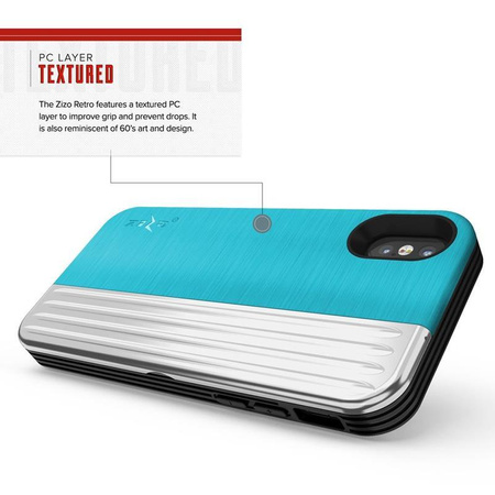 Zizo Retro Series - pouzdro na iPhone Xs / X s kapsou na karty + stojánek + 9H sklo na displej (Baby Blue/Silver)