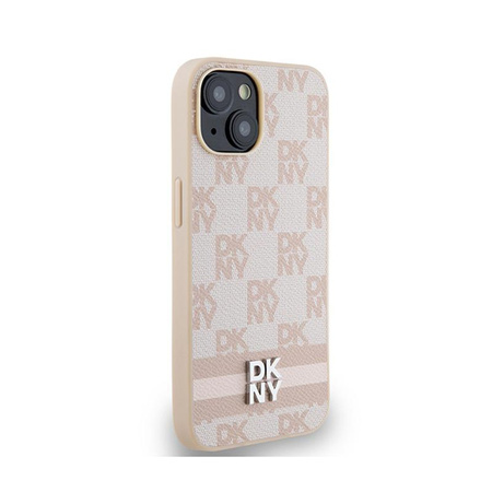 DKNY Leather Checkered Mono Pattern & Printed Stripes - Coque pour iPhone 15 Plus / 14 Plus (rose)