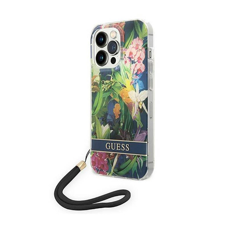 Guess Flower Cord - pouzdro se šňůrkou na iPhone 14 Pro Max (modré)