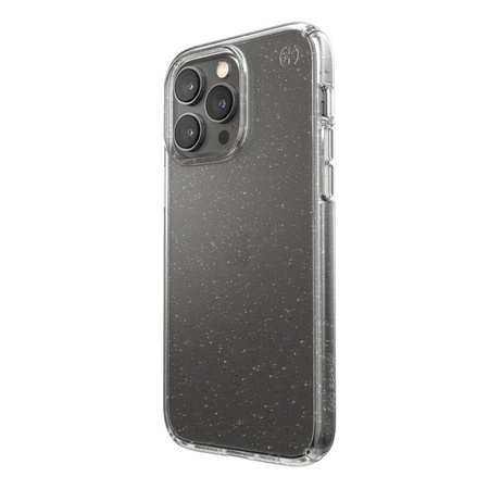 Speck Presidio Perfect-Clear avec paillettes - Coque pour iPhone 14 Pro Max avec revêtement MICROBAN (transparent / paillettes d'or)