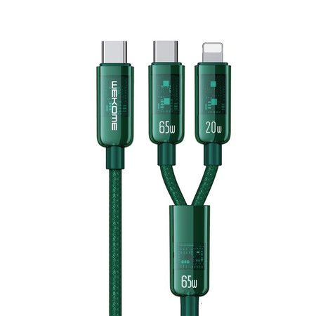 WEKOME WDC-194 Vanguard sorozat - 2 az 1-ben USB-C USB-C + Lightning szupergyors töltés 65W csatlakozókábel 1 m (zöld)