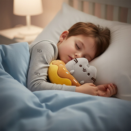 PUSHEEN CAT MASCOT IN CHOCOLATE DOG, Plush Cat with Donut, 18 cm