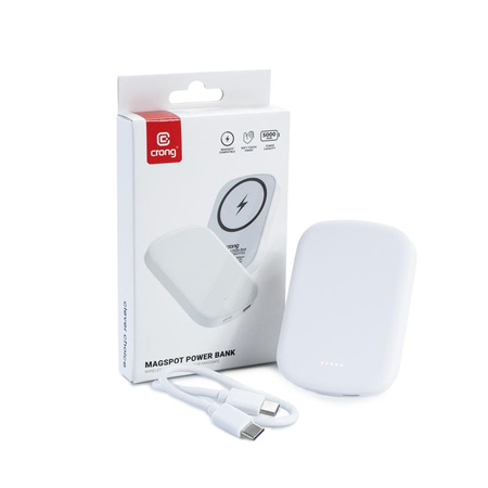 Crong MagSpot Power Bank - Power Bank wireless ultra sottile con MagSafe 5000 mAh, USB-C 20 W PD (bianco)