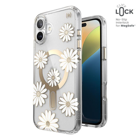 Speck Presidio Lux ClickLock & MagSafe - Coque pour iPhone 16 Plus (Sunshine Daisies / Clear / Gold)