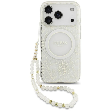 Guess IML Flowers Electro Pearl Strap MagSafe - Hülle iPhone 17 Pro (weiß)