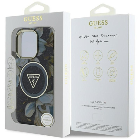 Guess Glitter Flowers Triangle Buttons MagSafe - Tasche für iPhone 16 Pro (schwarz)
