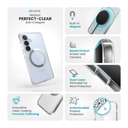 Speck Presidio Perfect-Clear Magnet - Case for Samsung Galaxy S25 / S24 MagSafe (Clear / Chrome Finish / Serene Silver)