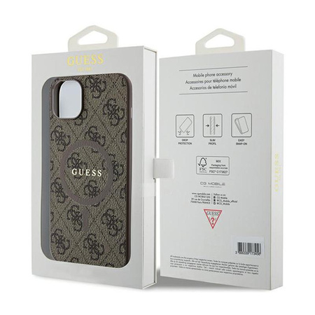 Guess 4G Collection Cuir Logo Métal MagSafe - Étui pour iPhone 15 Plus / 14 Plus (marron)