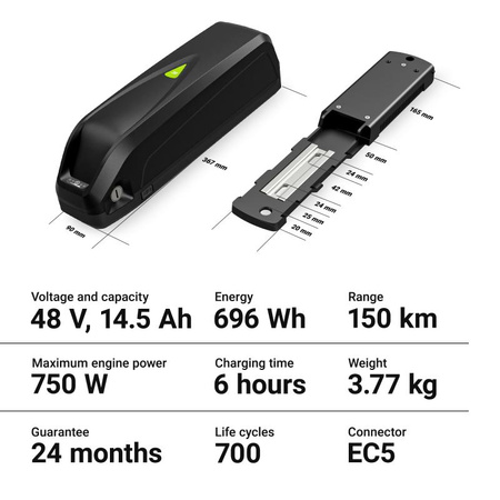 Green Cell - 48V 14.5Ah Li-Ion e-bike akkumulátor GC PowerMove töltővel