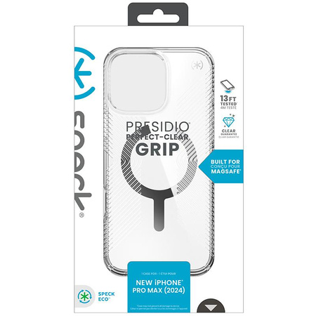 Pouzdro Speck Presidio Perfect-Clear Grip MagSafe pro iPhone 16 Pro Max (průhledné / chromované / stříbrné)