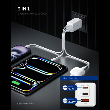 Spigen Essential EE673EU GaN Pro - Caricabatterie da muro 2x USB-C + USB-A 67W (bianco)