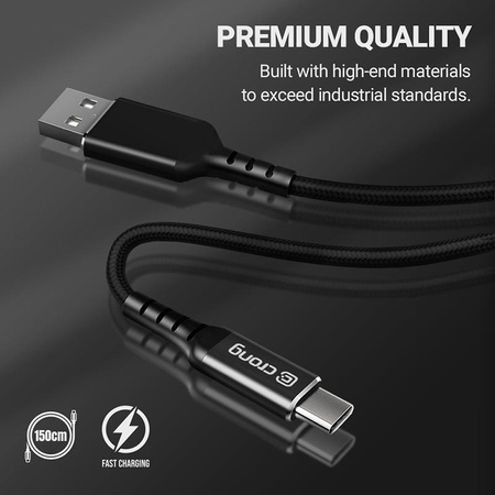 Crong Armor Link - 60W 3A USB-A na USB-C opletený kabel Power Delivery 150cm (černý)