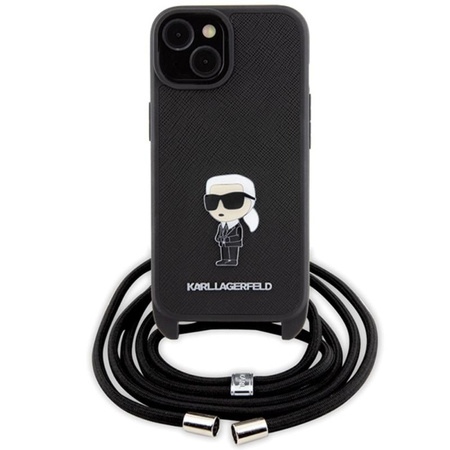 Karl Lagerfeld Crossbody Saffiano Monogram Ikonik Metal Pin - pouzdro pro iPhone 15 (černé)