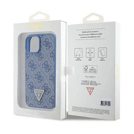 Guess Leather 4G Triangle Strass - Étui pour iPhone 15 (bleu)
