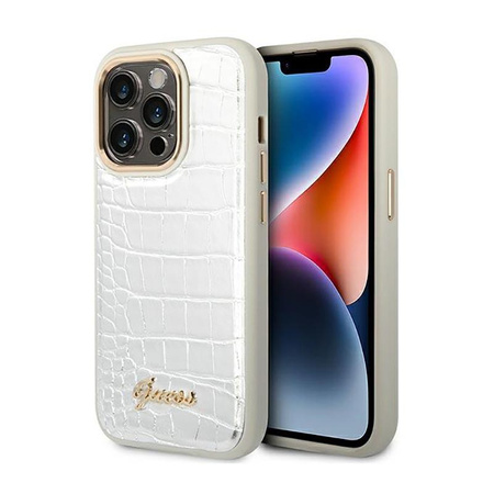Guess Croco Collection - pouzdro pro iPhone 14 Pro (stříbrné)