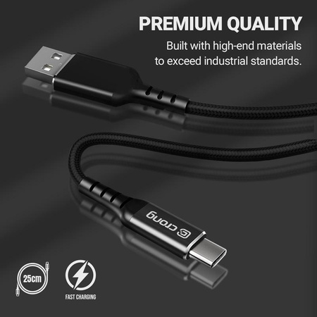 Crong Armor Link - 60W 3A USB-A na USB-C opletený kabel Power Delivery 25cm (černý)