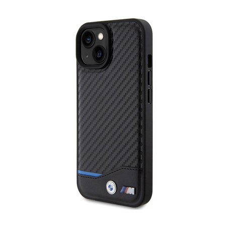 BMW Leather Carbon Blue Line - pouzdro pro iPhone 15 (černé)