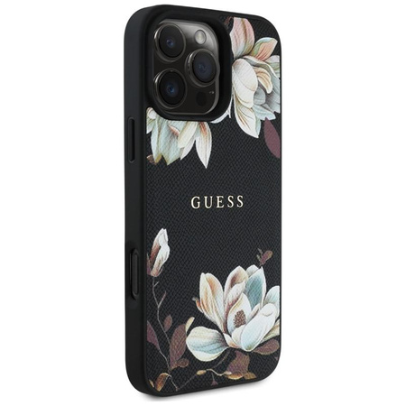 Guess Grained Flower Pattern MagSafe - étui pour iPhone 16 Pro Max (noir)