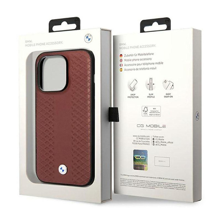 BMW Leather Diamond Pattern - Tasche für iPhone 14 Pro (Burgundisch)