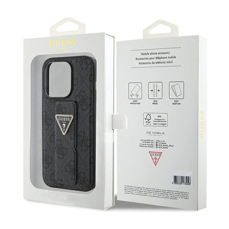 Pouzdro Guess Grip Stand 4G Triangle Strass Logo - iPhone 15 Pro Max (černé)