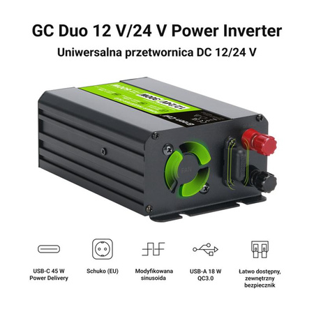 Green Cell - Inverter DUO 12V/24V 230V-ra 300W/600W Módosított szinusz hullámú feszültség átalakító