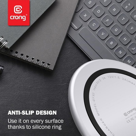 Crong PowerSpot Fast Wireless Charger - hliníková 15W bezdrátová nabíječka Qi USB-C s povrchovou úpravou z tvrzeného skla (stříbrnobílá)