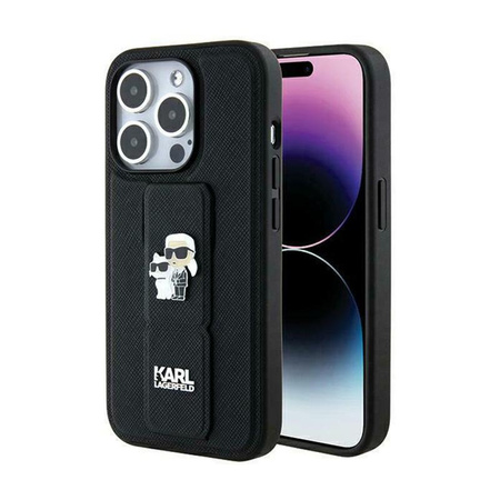 Karl Lagerfeld Gripstand Saffiano Karl & Choupette Pins - Coque iPhone 13 Pro (noir)