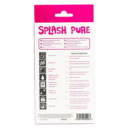 Splash Pure - Antibacterial spray with microfiber for screen cleaning, 20 ml (pink)