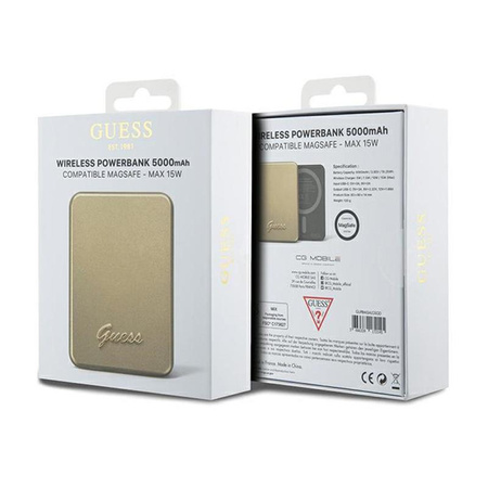 Guess Metal Script Logo MagSafe - Indukční powerbanka 5000 mAh 15W MagSafe (zlatá)