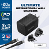 Energizer Ultimate - Multiplug EU / UK / US GaN USB-C 20W PD travel charger + USB-C cable (Black)