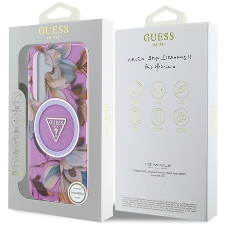 Guess Glitter Virágok háromszög gombok MagSafe - tok Samsung Galaxy S25 (lila)