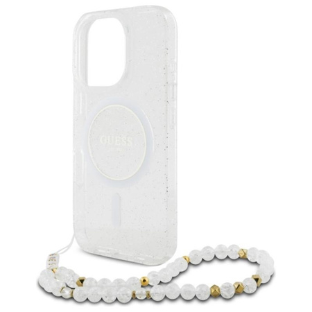 Guess IML Glitter With Pearl Strap MagSafe - pouzdro pro iPhone 16 Pro Max (průhledné)