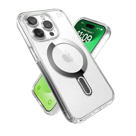 Speck Presidio Perfect-Clear ClickLock & Magsafe - iPhone 15 Pro Case (Clear / Chrome Finish / Serene Silver)