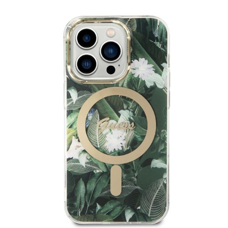 Guess Bundle Pack MagSafe IML Jungle - MagSafe iPhone 14 Pro Tasche + Ladegerät-Set (khaki/gold)