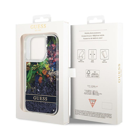 Guess Liquid Glitter Flower - pouzdro pro iPhone 14 Pro (modré)